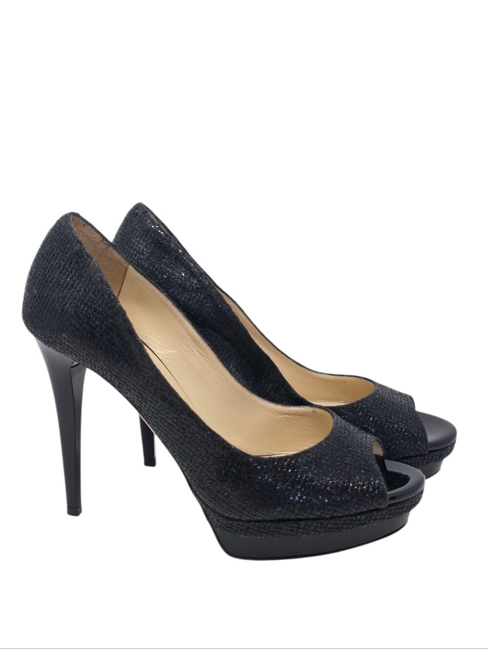 Jimmy Choo London Black Glitter Peep Toe Platform Pumps Heels Size 39.5